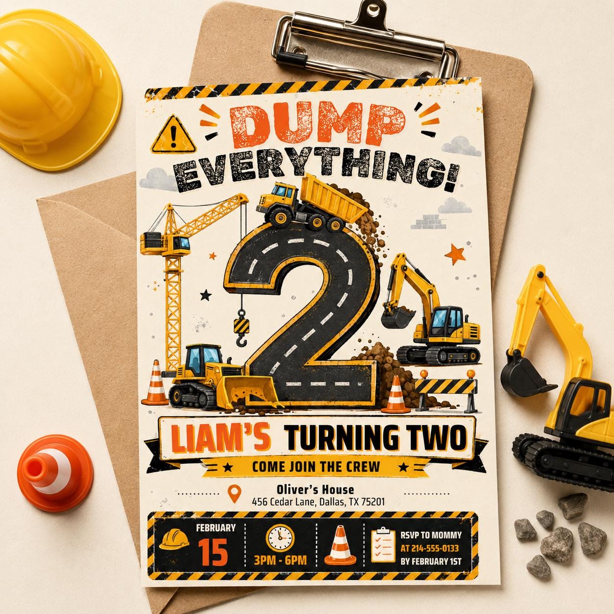 Construction birthday invitation Let's Dig Up Some Fun 1st birthday invite editable template boy construction party dump truck invitation __etsy:8058661329