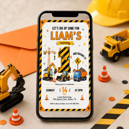 Construction birthday invitation Let's Dig Up Some Fun 1st birthday invite editable template boy construction party dump truck invitation __etsy:7991728014