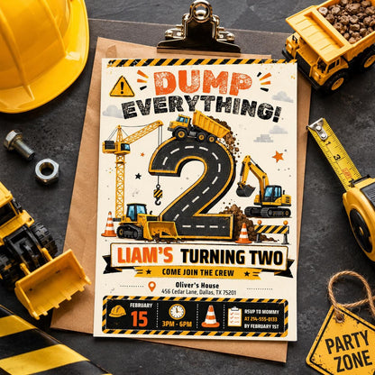 Construction birthday invitation Let's Dig Up Some Fun 1st birthday invite editable template boy construction party dump truck invitation __etsy:8058662803