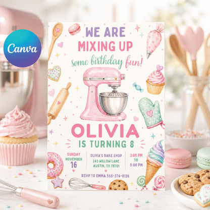 Cooking Birthday Invitation, Cooking Invitation, Baking Birthday Party, Baking Theme, We are Mixing Up Invite, Editable Canva Design __etsy:8024613249