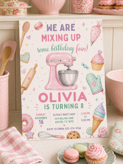 Cooking Birthday Invitation, Cooking Invitation, Baking Birthday Party, Baking Theme, We are Mixing Up Invite, Editable Canva Design __etsy:7970287822