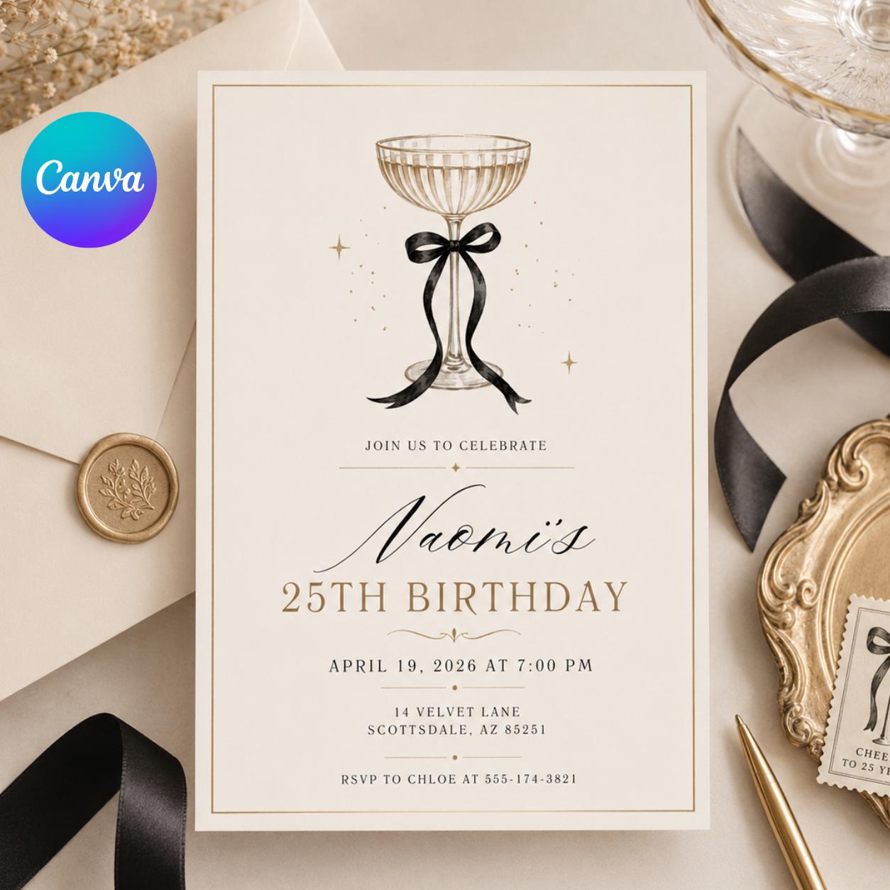 Coquette Bow Birthday Invitation Adult Black Ribbon Invite 30th Birthday 21st Birthday Invitation 16th Birthday, We're Getting Wild Party __etsy:8076768083