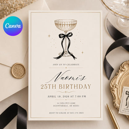Coquette Bow Birthday Invitation Adult Black Ribbon Invite 30th Birthday 21st Birthday Invitation 16th Birthday, We're Getting Wild Party __etsy:8076768083