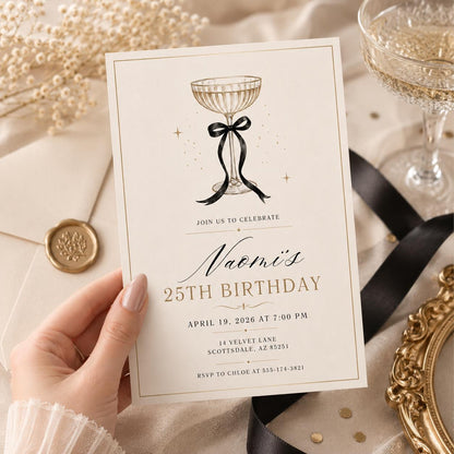 Coquette Bow Birthday Invitation Adult Black Ribbon Invite 30th Birthday 21st Birthday Invitation 16th Birthday, We're Getting Wild Party __etsy:8028853520