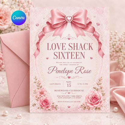 Coquette Pink Bow Sweet 16 Invitation Template, Love Shack Fancy Sweet Sixteen, Preppy Floral Birthday Party Theme, Editable Invite __etsy:8110993343