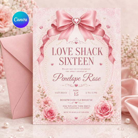 Coquette Pink Bow Sweet 16 Invitation Template, Love Shack Fancy Sweet Sixteen, Preppy Floral Birthday Party Theme, Editable Invite __etsy:8110993343