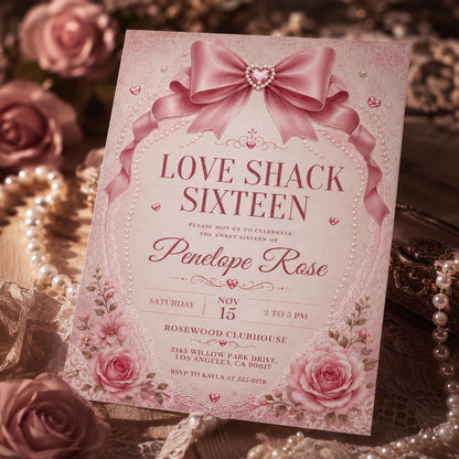 Coquette Pink Bow Sweet 16 Invitation Template, Love Shack Fancy Sweet Sixteen, Preppy Floral Birthday Party Theme, Editable Invite __etsy:8063075870