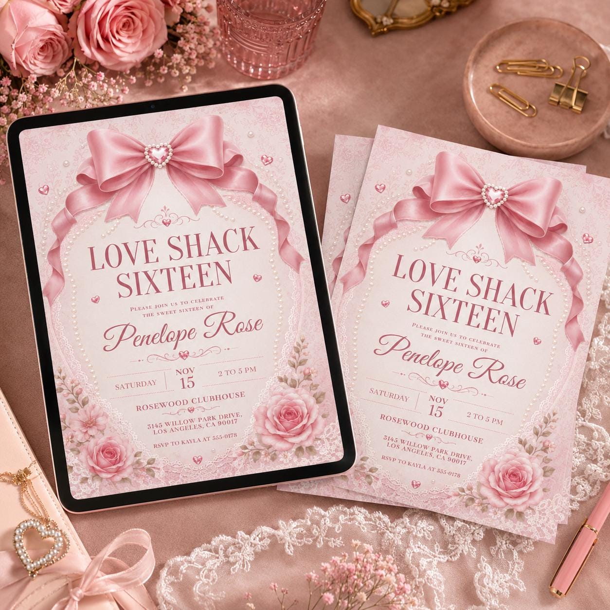 Coquette Pink Bow Sweet 16 Invitation Template, Love Shack Fancy Sweet Sixteen, Preppy Floral Birthday Party Theme, Editable Invite __etsy:8110993349