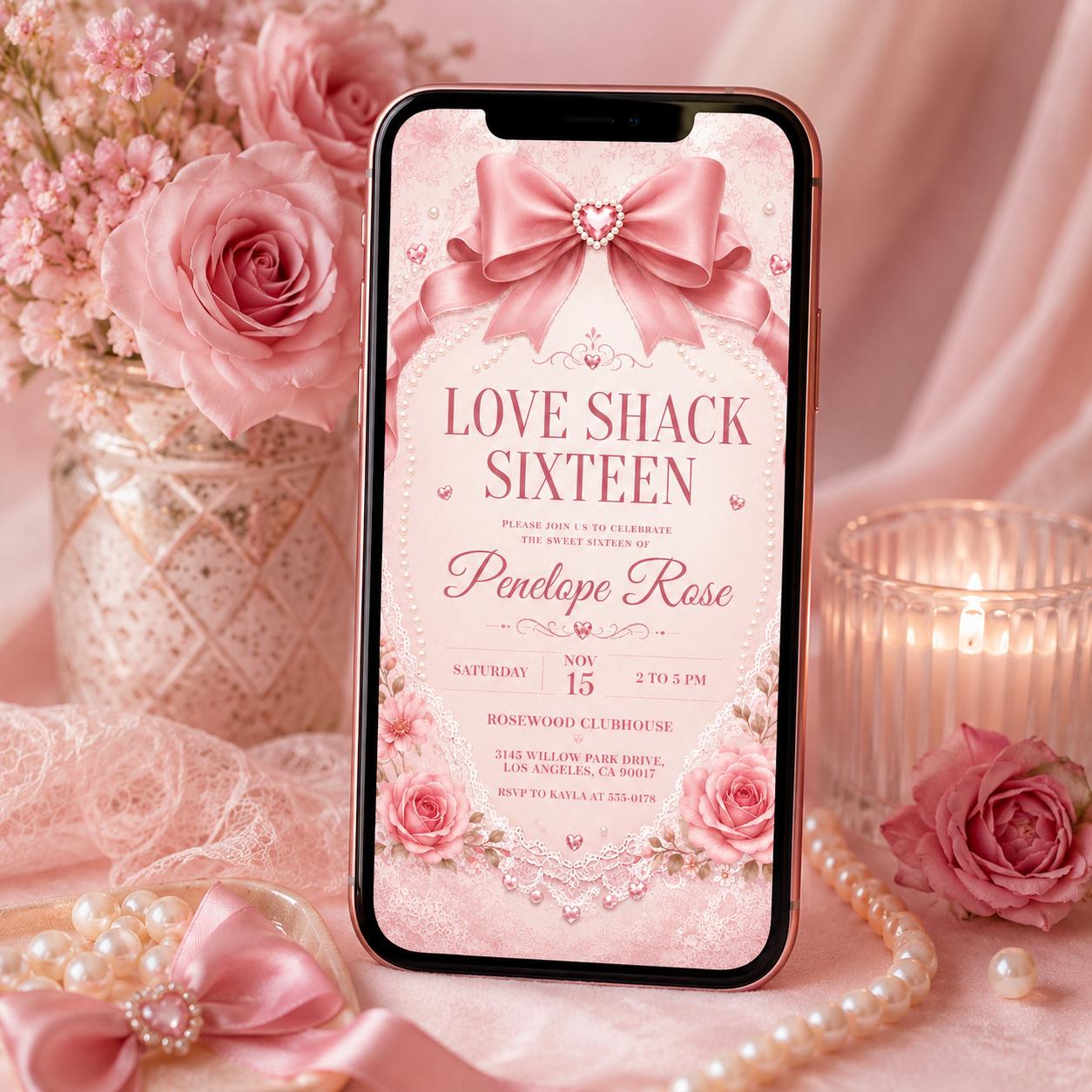 Coquette Pink Bow Sweet 16 Invitation Template, Love Shack Fancy Sweet Sixteen, Preppy Floral Birthday Party Theme, Editable Invite __etsy:8063075866