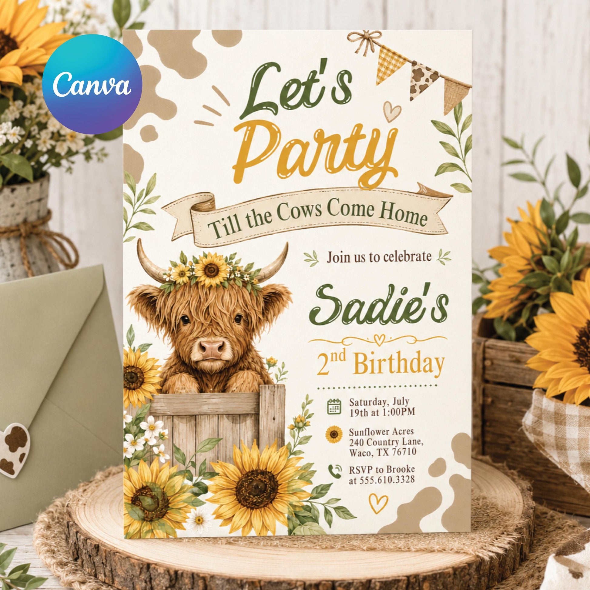 Cow Birthday Party Invitation, Let's Party Till The Cows Come Home, Groovy Highland Cow Party, Highland Cow Birthday, Farm Editable Canva __etsy:8023473108
