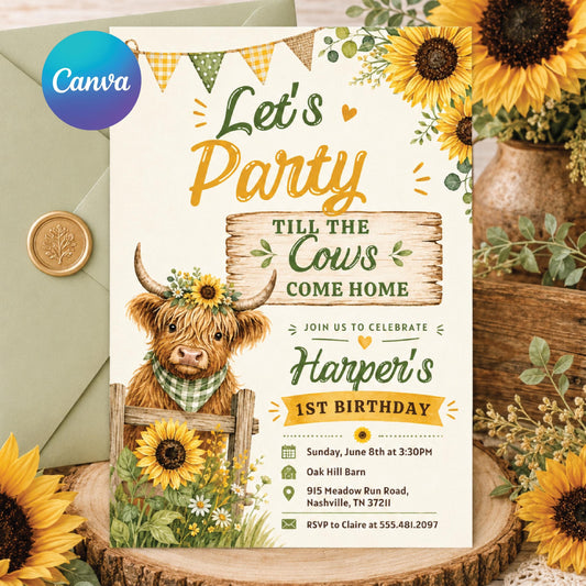 Cow Birthday Party Invitation, Let's Party Till The Cows Come Home, Groovy Highland Cow Party, Trendy, Cow Invite, Trendy Invite, Farm Canva __etsy:8070473667