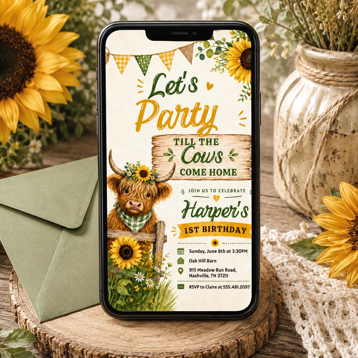 Cow Birthday Party Invitation, Let's Party Till The Cows Come Home, Groovy Highland Cow Party, Trendy, Cow Invite, Trendy Invite, Farm Canva __etsy:8070467645