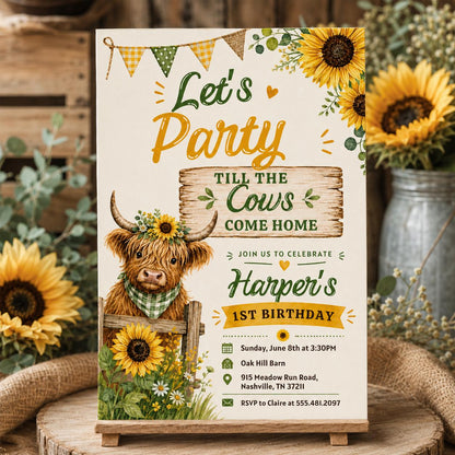 Cow Birthday Party Invitation, Let's Party Till The Cows Come Home, Groovy Highland Cow Party, Trendy, Cow Invite, Trendy Invite, Farm Canva __etsy:8070467639
