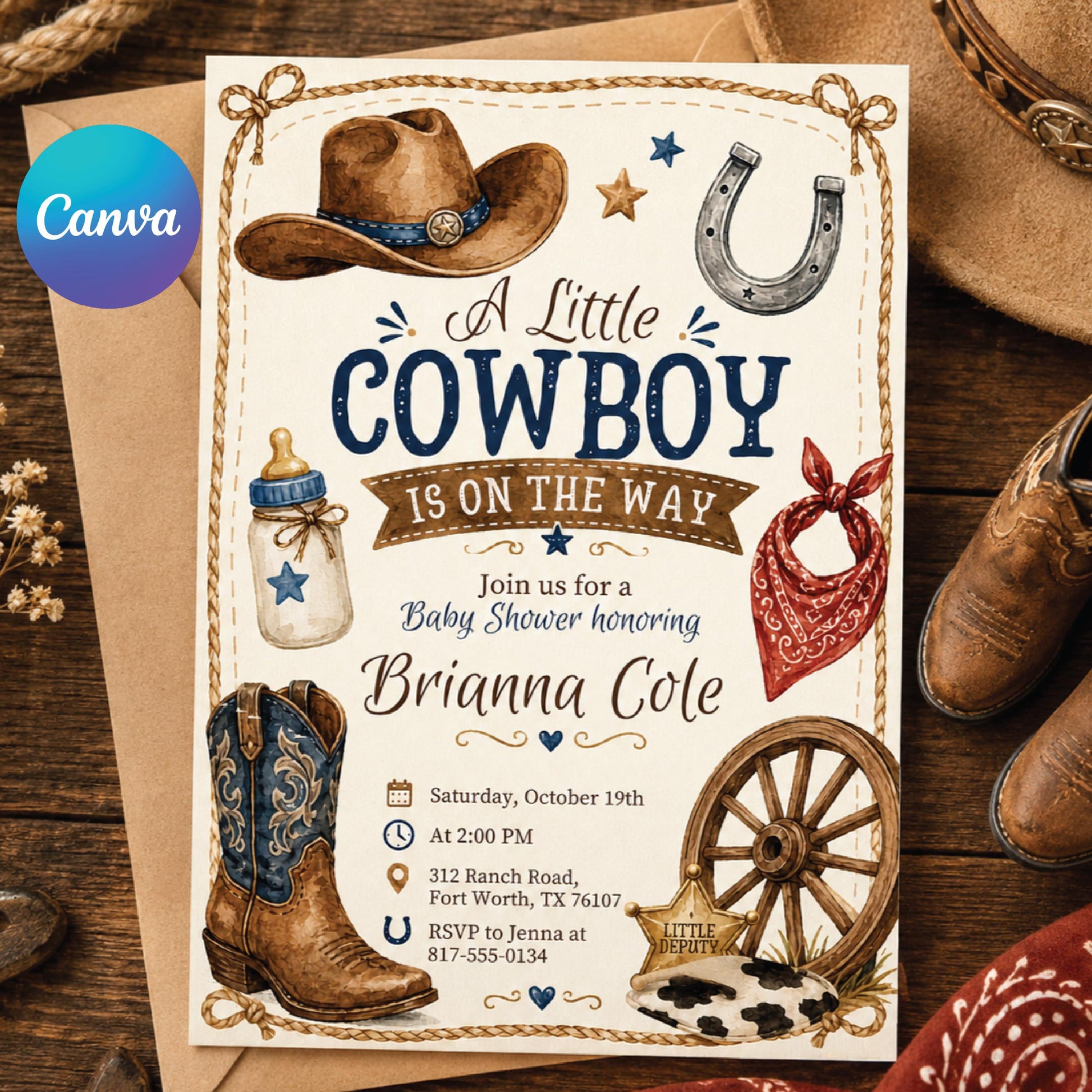 Cowboy Baby Shower Invitation Template, A Little Cowboy is on the Way Invite, Wild West Western, Editable Canva Template __etsy:8060652827