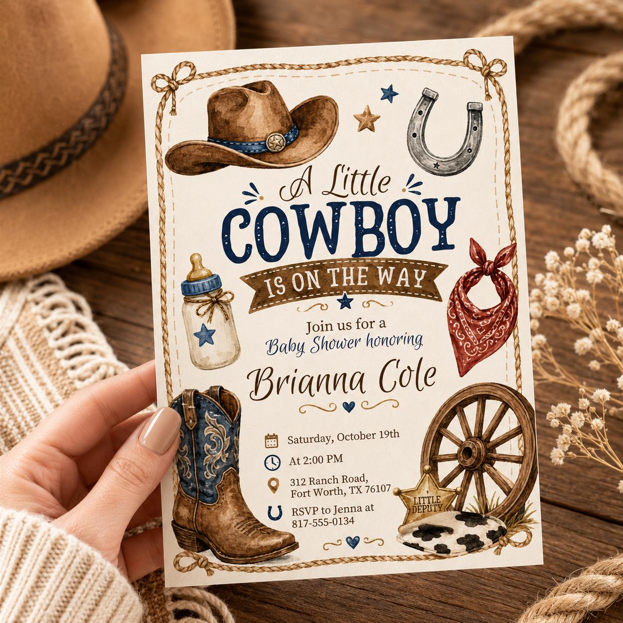 Cowboy Baby Shower Invitation Template, A Little Cowboy is on the Way Invite, Wild West Western, Editable Canva Template __etsy:8060650171