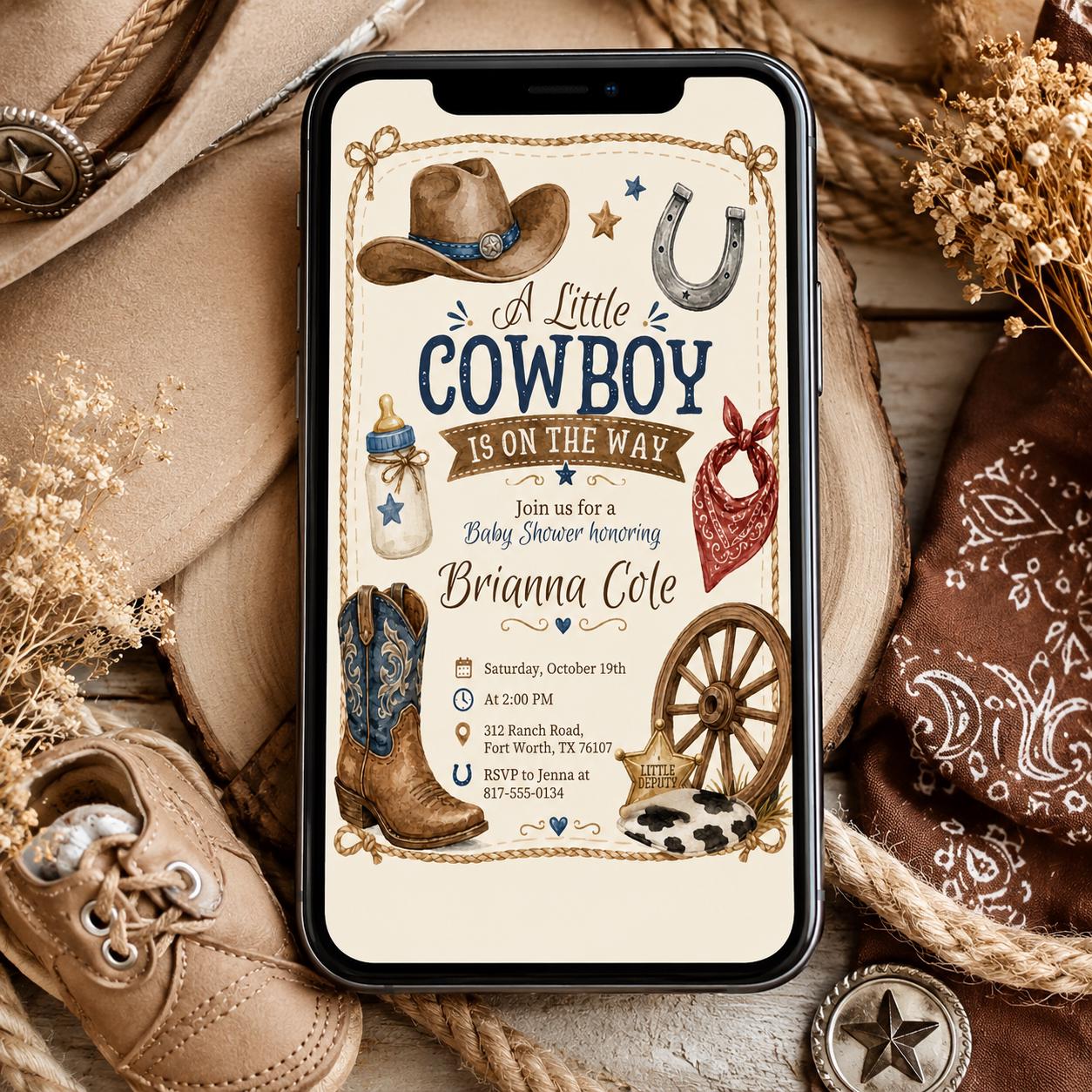 Cowboy Baby Shower Invitation Template, A Little Cowboy is on the Way Invite, Wild West Western, Editable Canva Template __etsy:8060650467