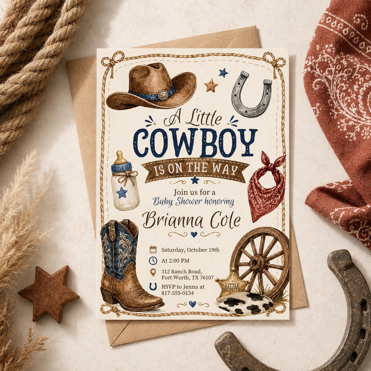 Cowboy Baby Shower Invitation Template, A Little Cowboy is on the Way Invite, Wild West Western, Editable Canva Template __etsy:8012739496