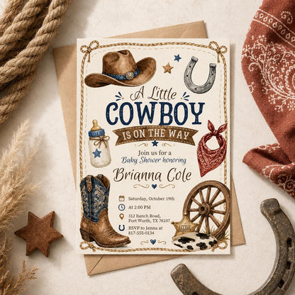 Cowboy Baby Shower Invitation Template, A Little Cowboy is on the Way Invite, Wild West Western, Editable Canva Template __etsy:8012739496