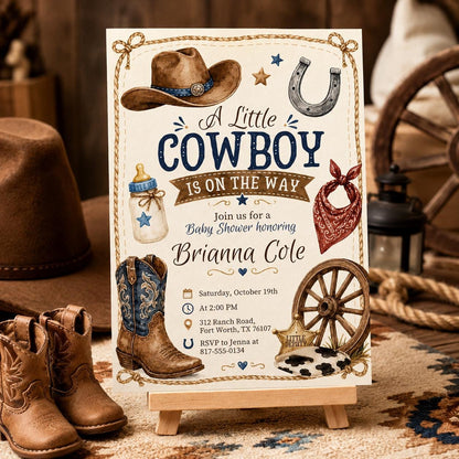 Cowboy Baby Shower Invitation Template, A Little Cowboy is on the Way Invite, Wild West Western, Editable Canva Template __etsy:8060650619
