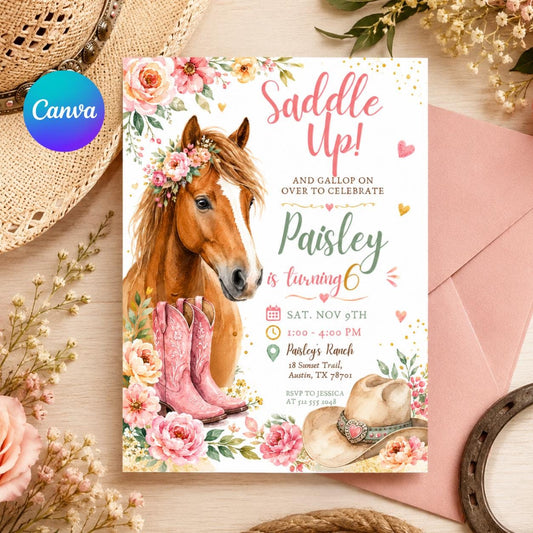 Cowgirl Horse Birthday Invitation, Saddle Up Party Template, Pastel Western Birthday Equestrian Party Invite, Cowgirl Invite, Canva Template __etsy:8000814932