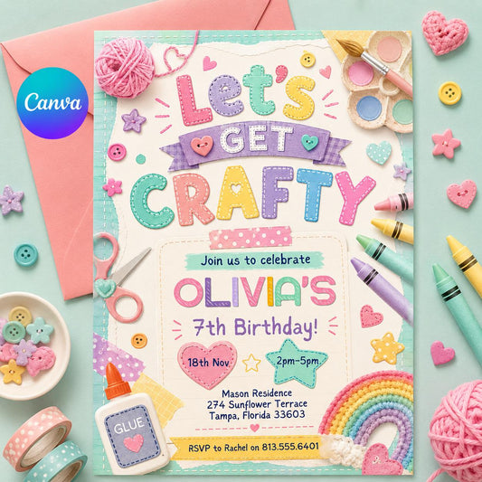 Craft Party Invitation Template, Girls Birthday Invite, Cute Pastel Felt Art & Craft, Let's Get Crafty, Crafting Theme Evite, Canva Template __etsy:8038118622