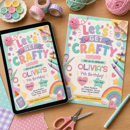 Craft Party Invitation Template, Girls Birthday Invite, Cute Pastel Felt Art & Craft, Let's Get Crafty, Crafting Theme Evite, Canva Template __etsy:8086032379