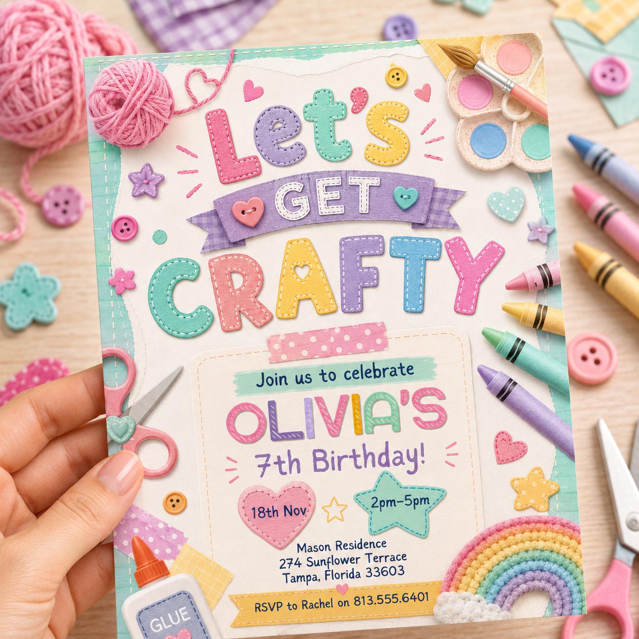 Craft Party Invitation Template, Girls Birthday Invite, Cute Pastel Felt Art & Craft, Let's Get Crafty, Crafting Theme Evite, Canva Template __etsy:8038118642