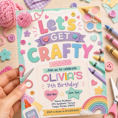 Craft Party Invitation Template, Girls Birthday Invite, Cute Pastel Felt Art & Craft, Let's Get Crafty, Crafting Theme Evite, Canva Template __etsy:8038118642