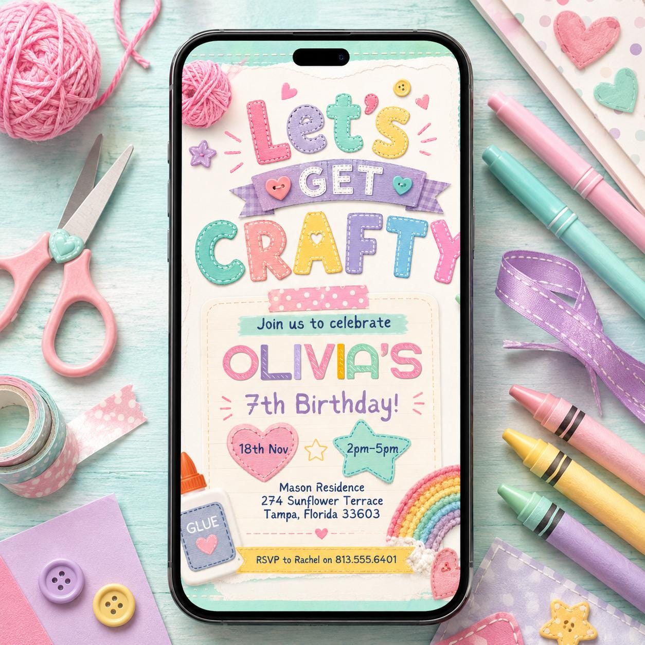 Craft Party Invitation Template, Girls Birthday Invite, Cute Pastel Felt Art & Craft, Let's Get Crafty, Crafting Theme Evite, Canva Template __etsy:8086032375