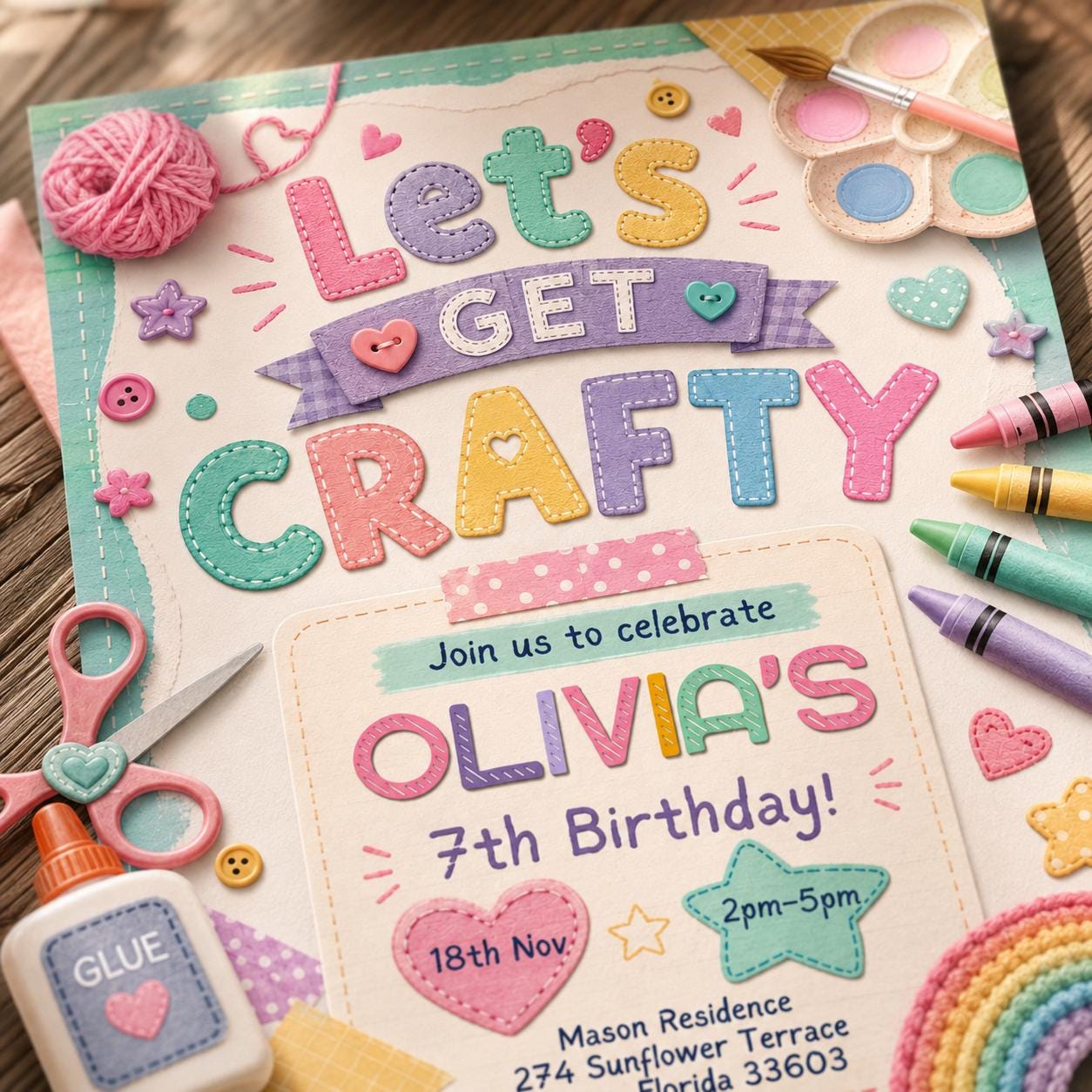 Craft Party Invitation Template, Girls Birthday Invite, Cute Pastel Felt Art & Craft, Let's Get Crafty, Crafting Theme Evite, Canva Template __etsy:8086032385