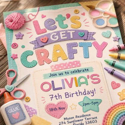 Craft Party Invitation Template, Girls Birthday Invite, Cute Pastel Felt Art & Craft, Let's Get Crafty, Crafting Theme Evite, Canva Template __etsy:8086032385