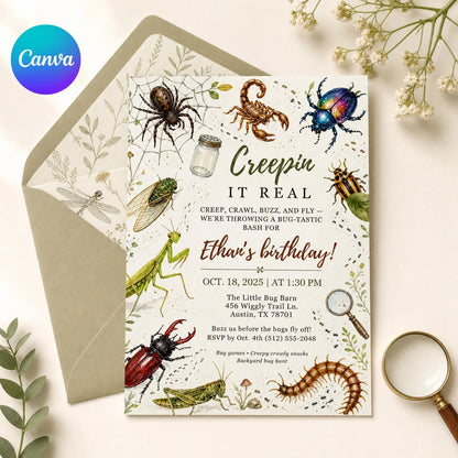 Creepin It Real Bug Birthday Invite, Editable Insect Party Template, Creepy Crawly Theme Invitation, Digital Download, Canva Template __etsy:8024833495
