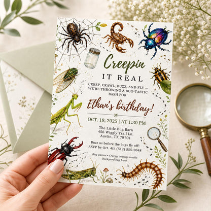 Creepin It Real Bug Birthday Invite, Editable Insect Party Template, Creepy Crawly Theme Invitation, Digital Download, Canva Template __etsy:8024844933