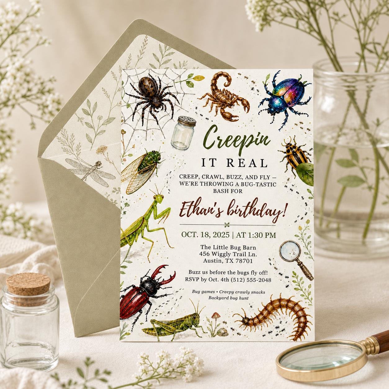 Creepin It Real Bug Birthday Invite, Editable Insect Party Template, Creepy Crawly Theme Invitation, Digital Download, Canva Template __etsy:8024844981