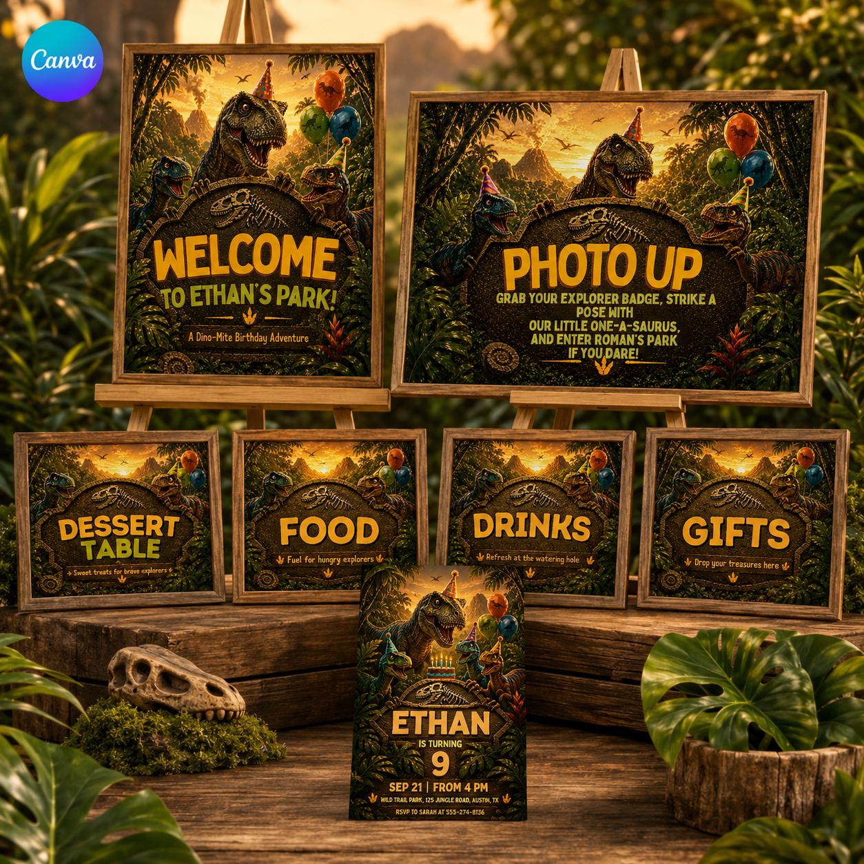 Custom Dinosaur Party Signs Bundle, Editable Canva Dino Birthday Signage Pack, Food Drinks Gifts Dessert Welcome Photo Op Signs __etsy:8034726732