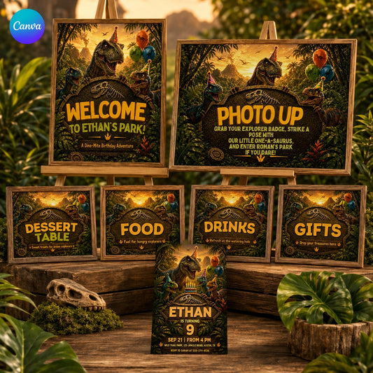 Custom Dinosaur Party Signs Bundle, Editable Canva Dino Birthday Signage Pack, Food Drinks Gifts Dessert Welcome Photo Op Signs __etsy:8034726732