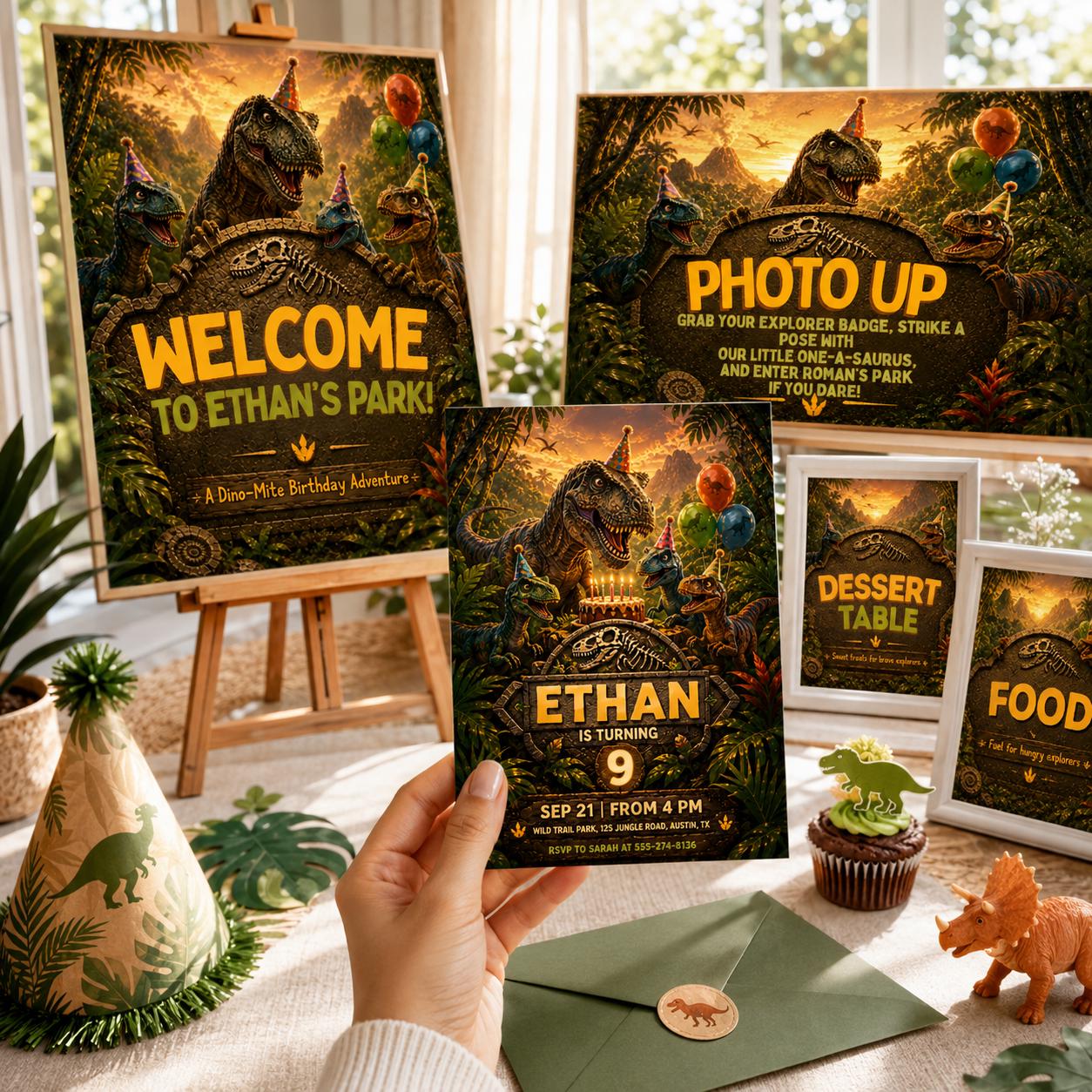 Custom Dinosaur Party Signs Bundle, Editable Canva Dino Birthday Signage Pack, Food Drinks Gifts Dessert Welcome Photo Op Signs __etsy:8034726716