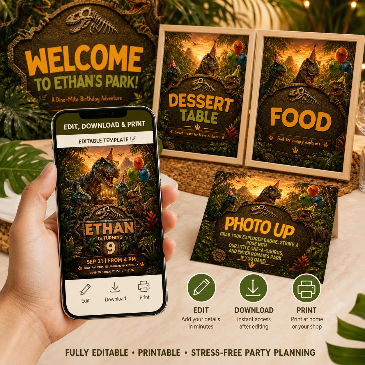 Custom Dinosaur Party Signs Bundle, Editable Canva Dino Birthday Signage Pack, Food Drinks Gifts Dessert Welcome Photo Op Signs __etsy:8082641487