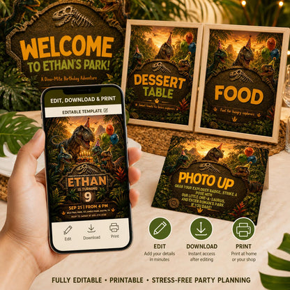 Custom Dinosaur Party Signs Bundle, Editable Canva Dino Birthday Signage Pack, Food Drinks Gifts Dessert Welcome Photo Op Signs __etsy:8082641487