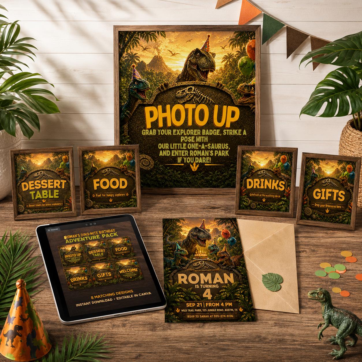 Custom Dinosaur Party Signs Bundle, Editable Canva Dino Birthday Signage Pack, Food Drinks Gifts Dessert Welcome Photo Op Signs __etsy:8082641799
