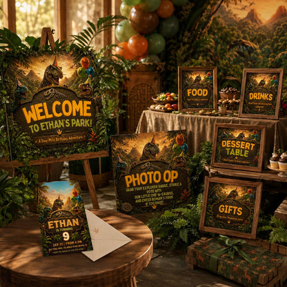 Custom Dinosaur Party Signs Bundle, Editable Canva Dino Birthday Signage Pack, Food Drinks Gifts Dessert Welcome Photo Op Signs __etsy:8034726612