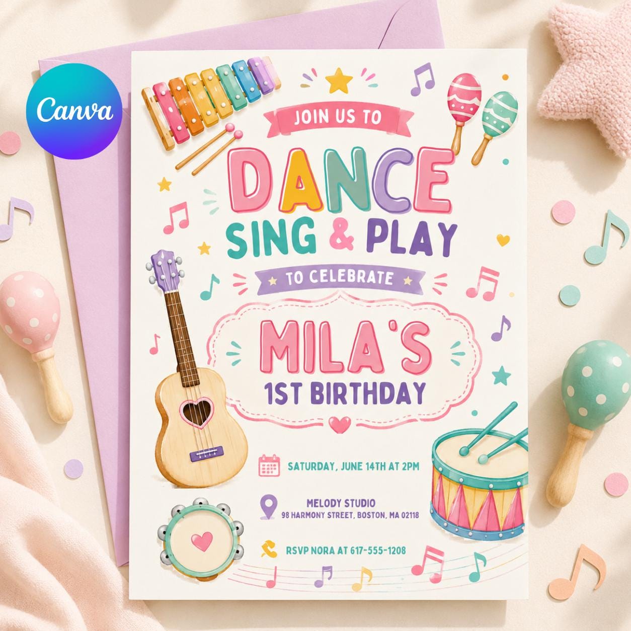 Dance Sing Play Party Invitation, Editable Music Birthday Invite, Rock Star Band, Girls Musical Instruments Invite, Dance Sing Play 1st bd __etsy:8082515705