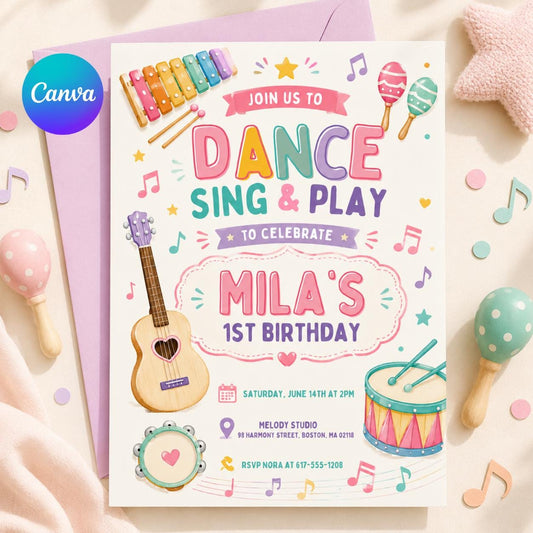 Dance Sing Play Party Invitation, Editable Music Birthday Invite, Rock Star Band, Girls Musical Instruments Invite, Dance Sing Play 1st bd __etsy:8082515705