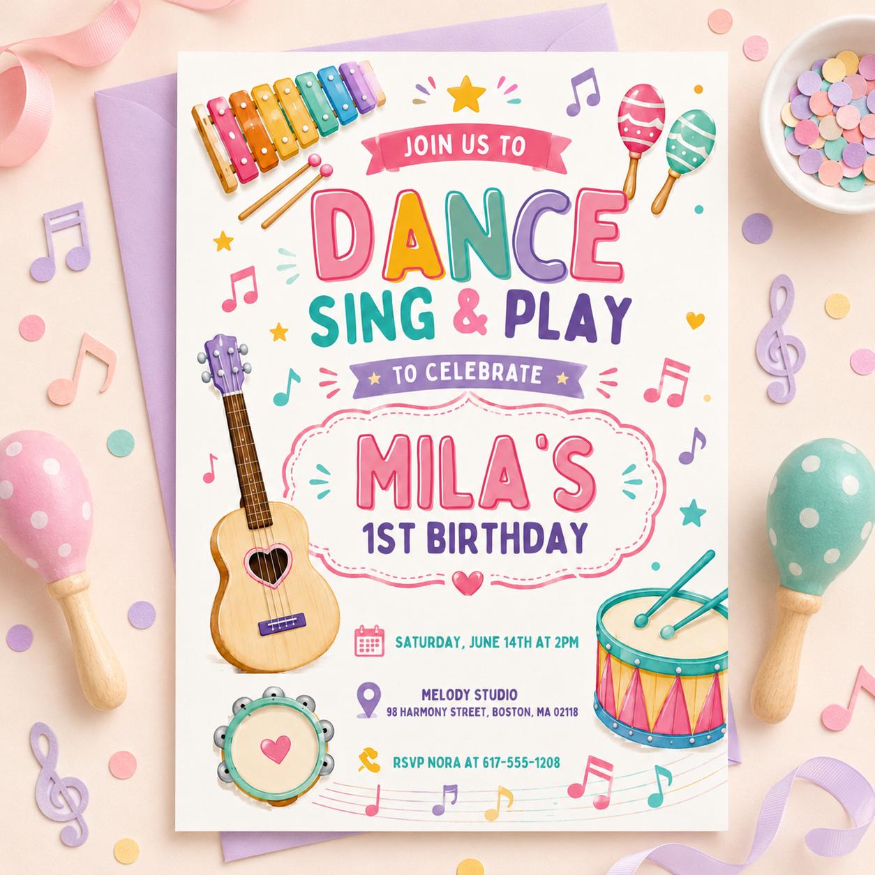 Dance Sing Play Party Invitation, Editable Music Birthday Invite, Rock Star Band, Girls Musical Instruments Invite, Dance Sing Play 1st bd __etsy:8082514109