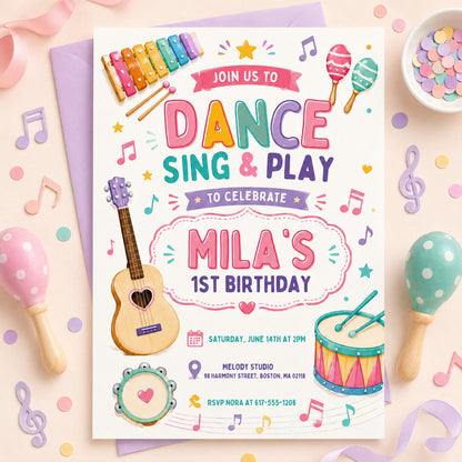 Dance Sing Play Party Invitation, Editable Music Birthday Invite, Rock Star Band, Girls Musical Instruments Invite, Dance Sing Play 1st bd __etsy:8082514109