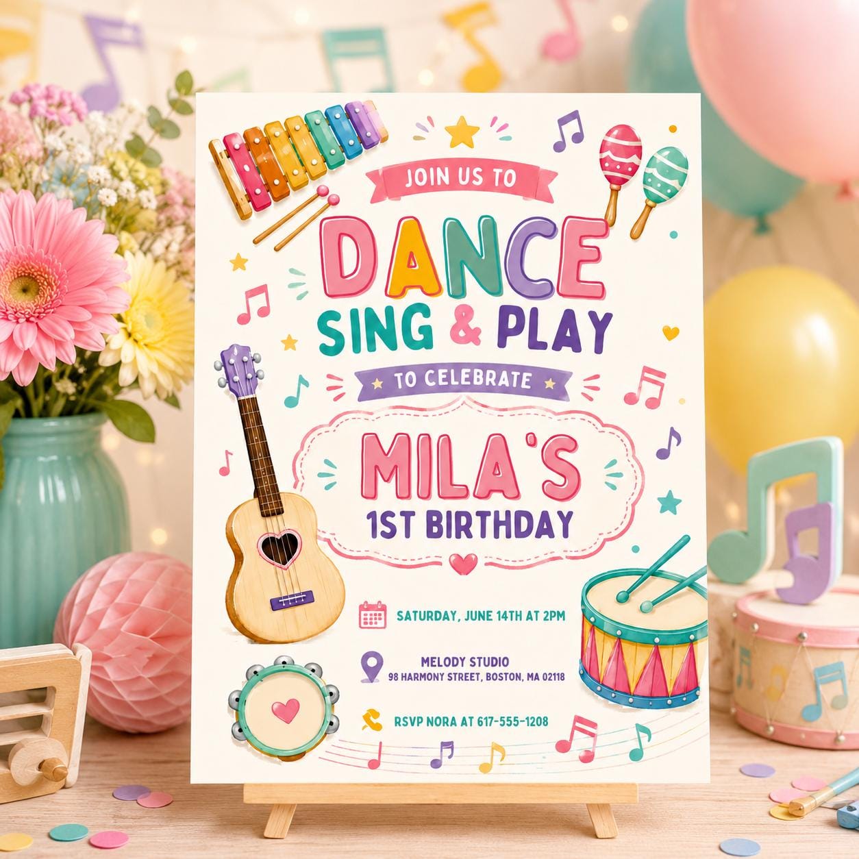 Dance Sing Play Party Invitation, Editable Music Birthday Invite, Rock Star Band, Girls Musical Instruments Invite, Dance Sing Play 1st bd __etsy:8082521745