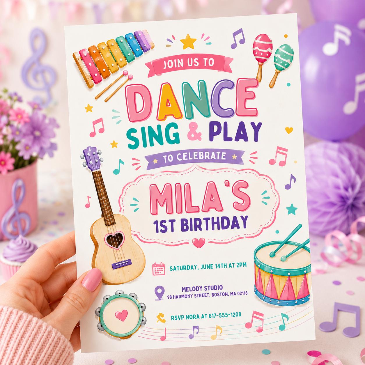 Dance Sing Play Party Invitation, Editable Music Birthday Invite, Rock Star Band, Girls Musical Instruments Invite, Dance Sing Play 1st bd __etsy:8034606406