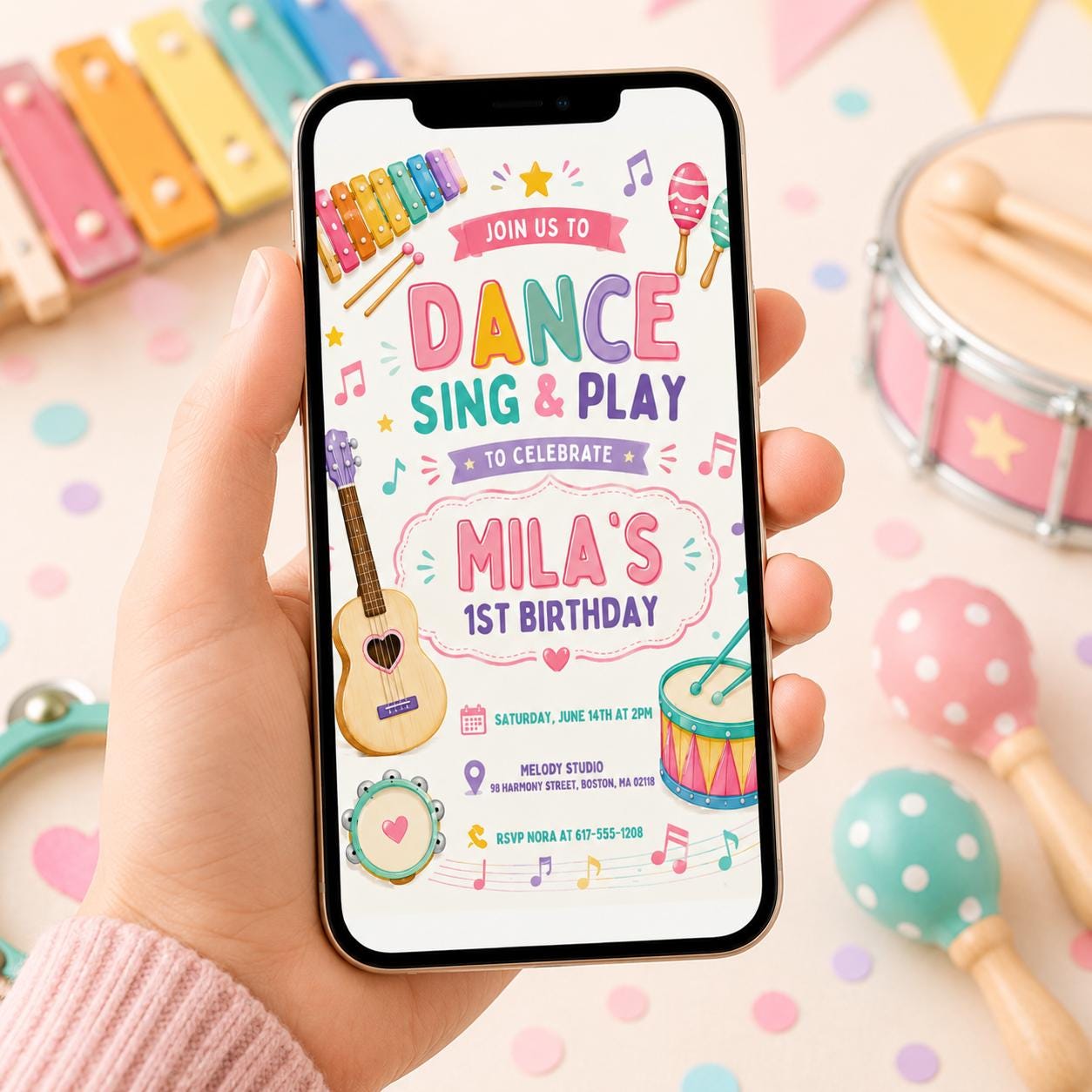 Dance Sing Play Party Invitation, Editable Music Birthday Invite, Rock Star Band, Girls Musical Instruments Invite, Dance Sing Play 1st bd __etsy:8082521865