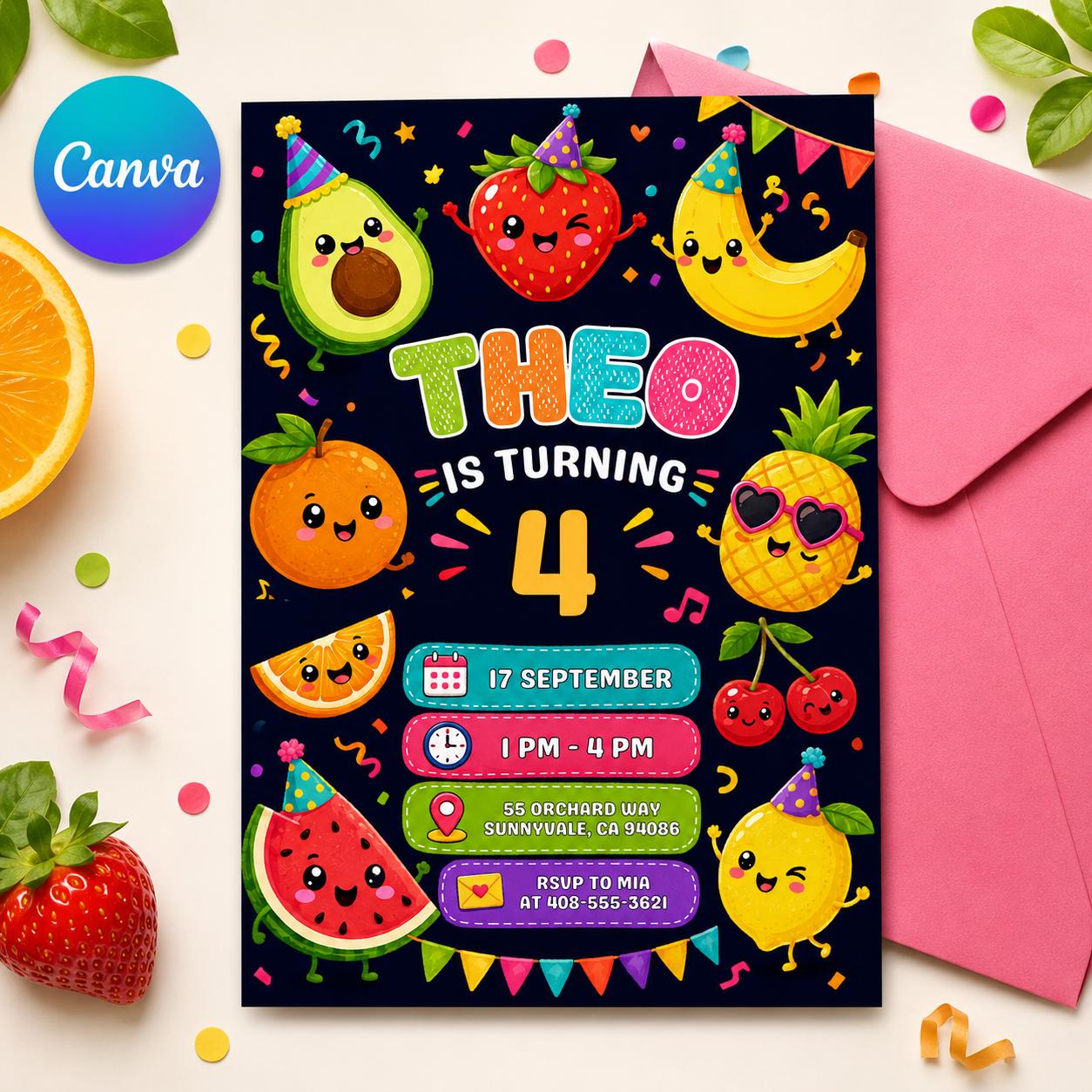 Dancing fruits Birthday invitation, printable hey Invite, kawaii Party Invite , Canva Template __etsy:8093714451