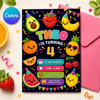 Dancing fruits Birthday invitation, printable hey Invite, kawaii Party Invite , Canva Template __etsy:8093714451